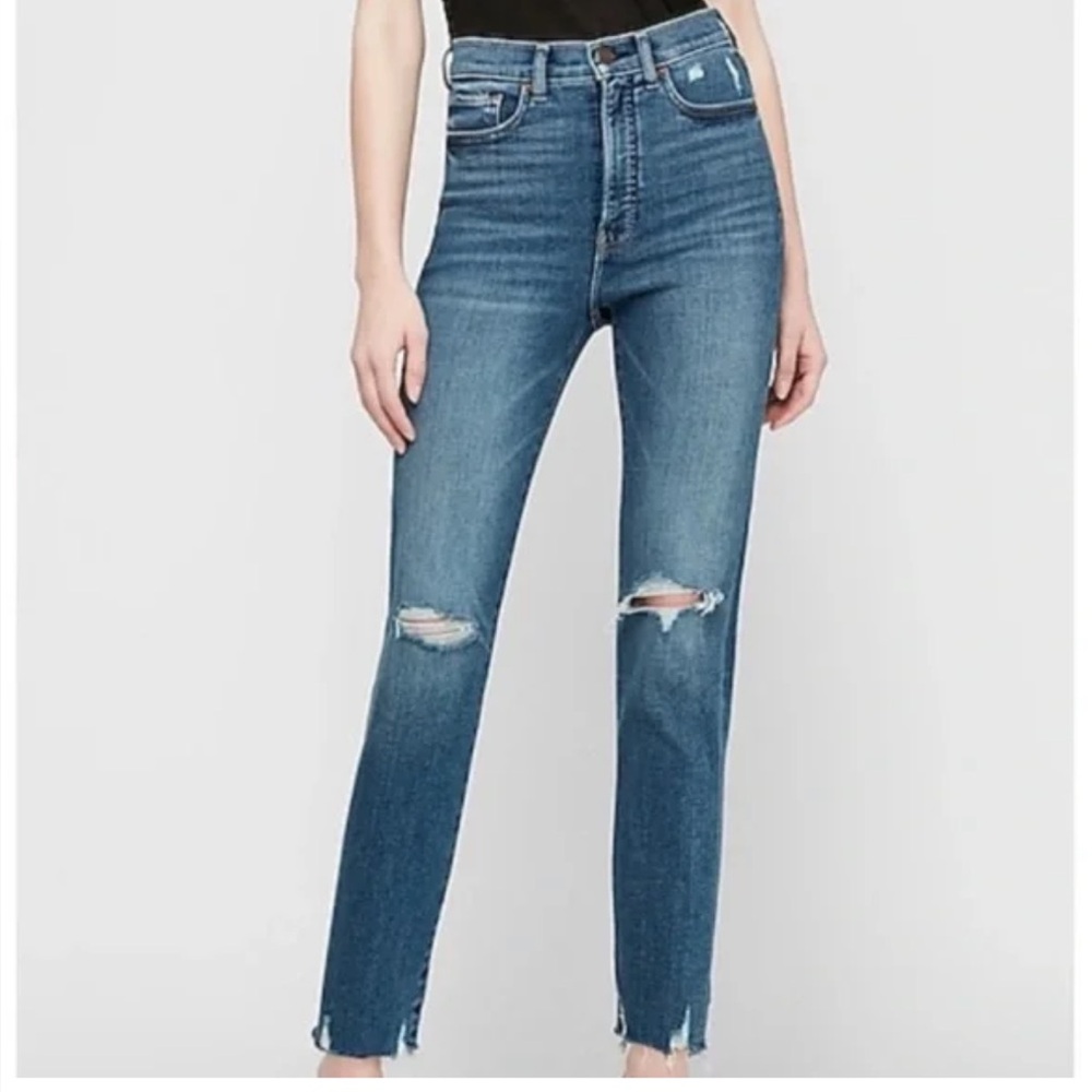Express Slim Ankle High Rise Distressed Blue Jeans